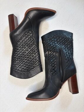 Black Woven Leather Vince Camuto Mid-Calf Block Heel Boots